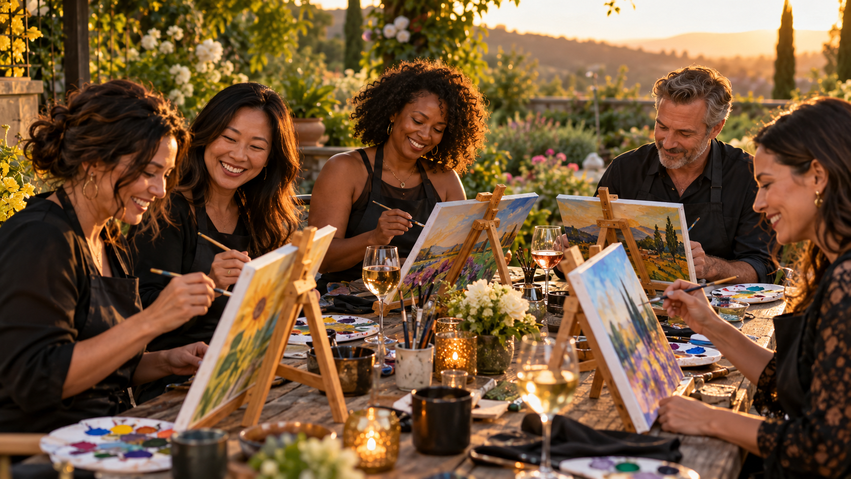 AI-generated concept image of adults painting at easels around a garden table at golden hour — concept imagery, not a photograph of a real KP event.